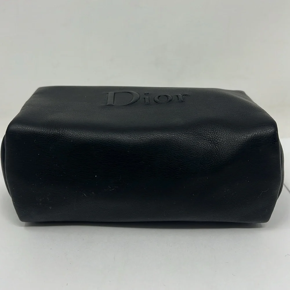 Dior Christian Dior Vegan Black Leather Zip Cosmetic Clutch Pouch